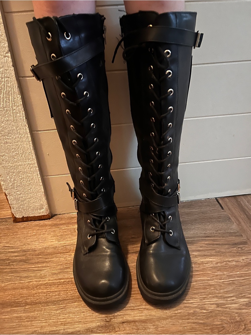 Olivia Miller Black Lace-Up Knee-High Combat Boots